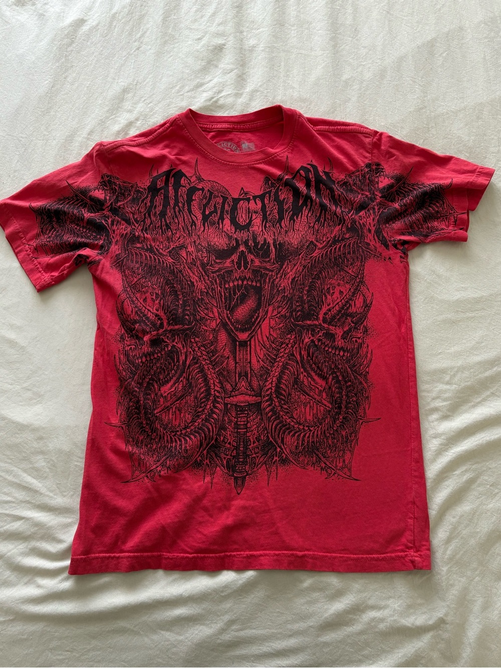 Affliction Red Short Sleeve Graphic Tee with Black Print Size Womens Medium